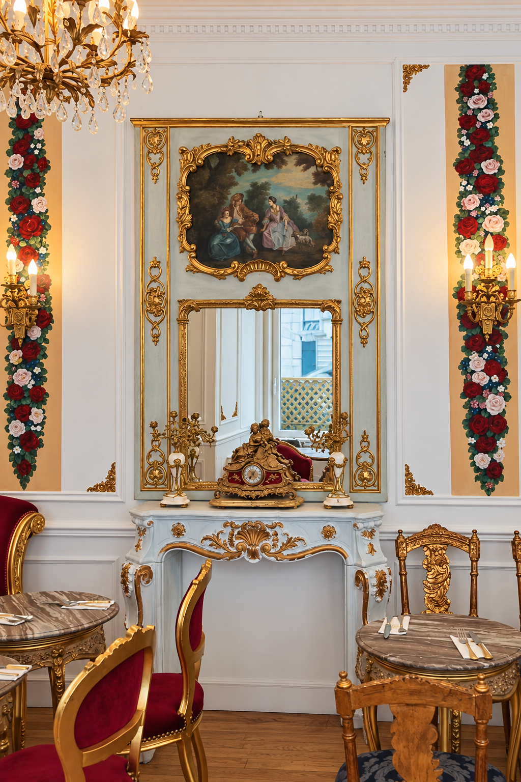 Détail du salon, miroir doré, marbre, chandelles